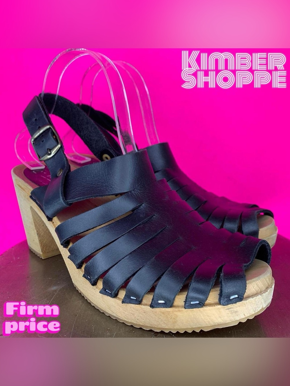 Moheda Linda Black Leather Peep Toe Slingback Wood Clog Heeled Sandal  EU 41
